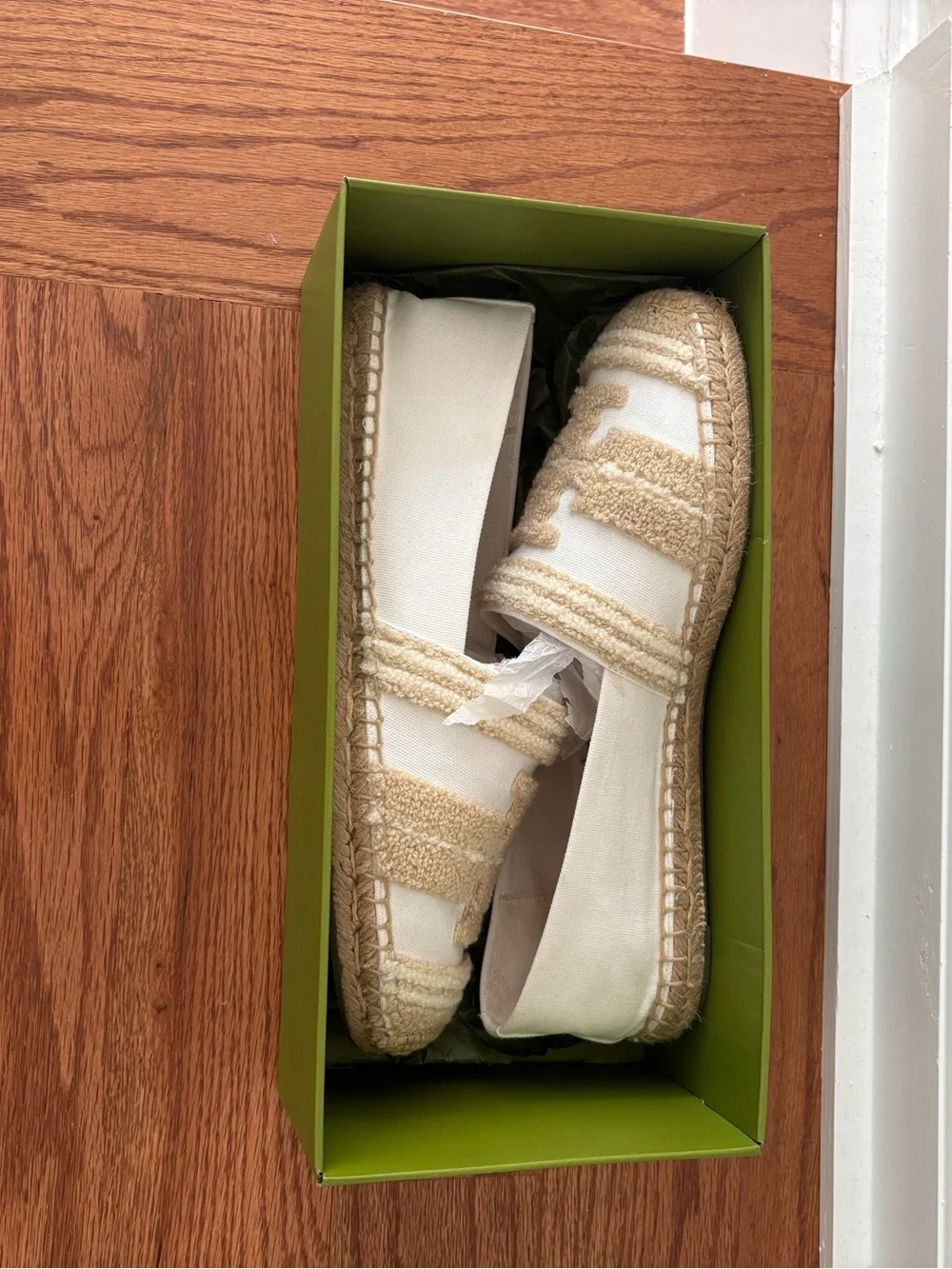 Tory Burch White & Beige Canvas Espadrilles